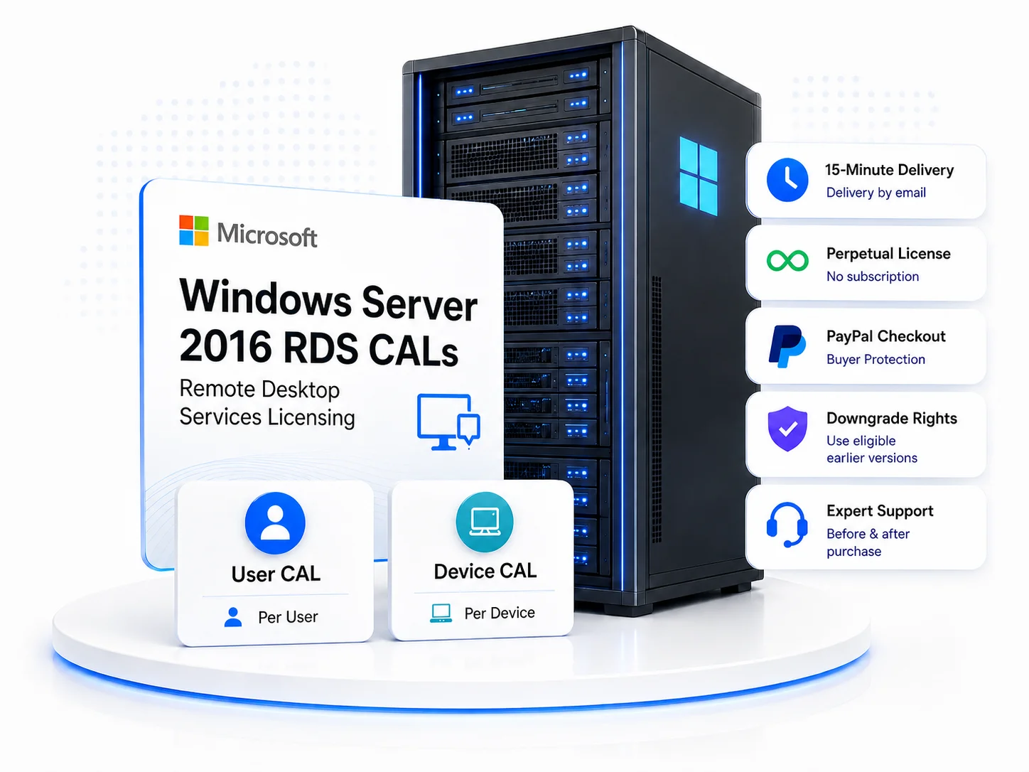 Windows Server 2016 RDS CAL product illustration showing User CAL, Device CAL, 15-minute delivery, PayPal checkout, perpetual license, and expert support