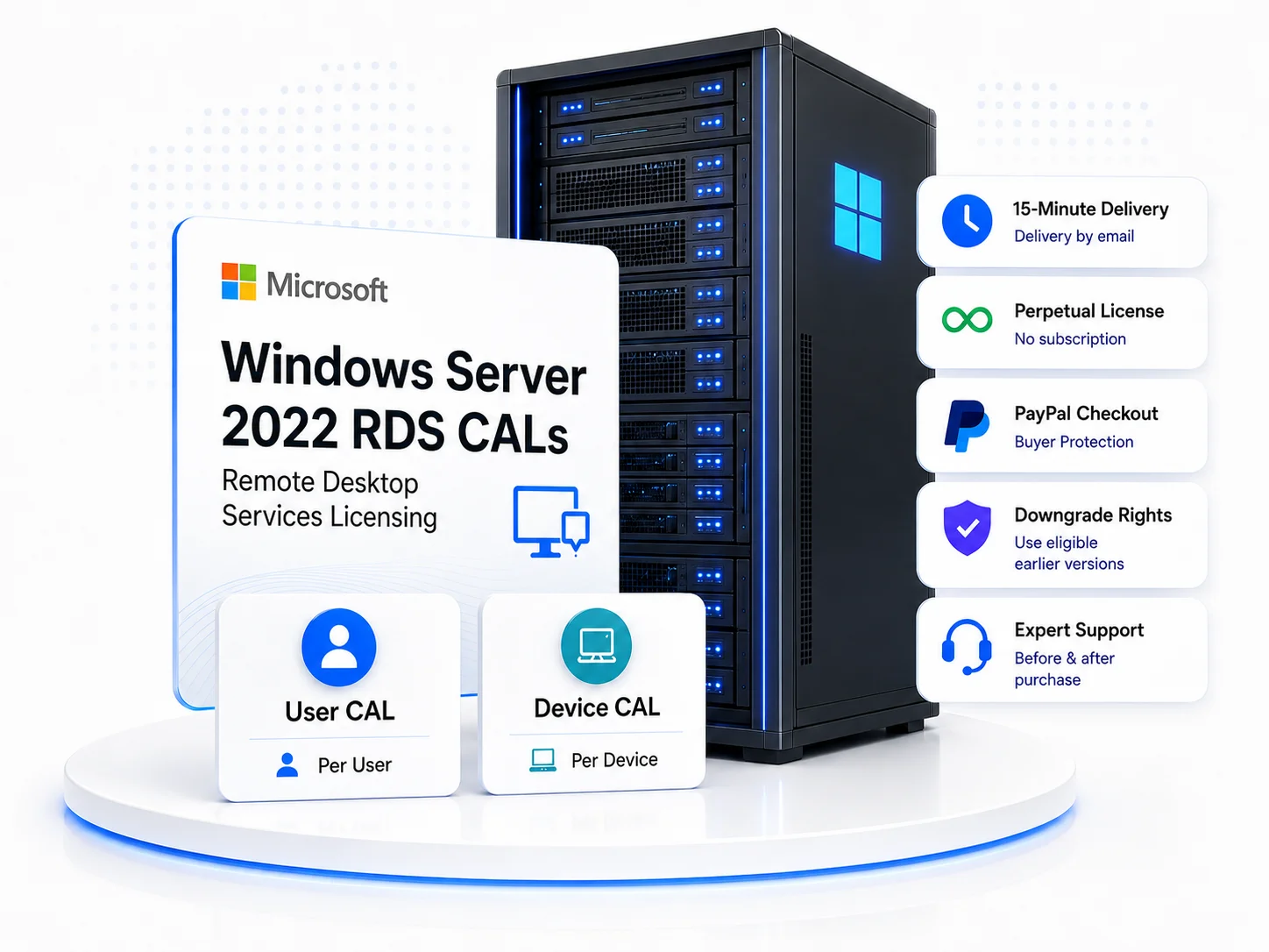Windows Server 2022 RDS CAL product illustration showing User CAL, Device CAL, 15-minute delivery, PayPal checkout, perpetual license, and expert support