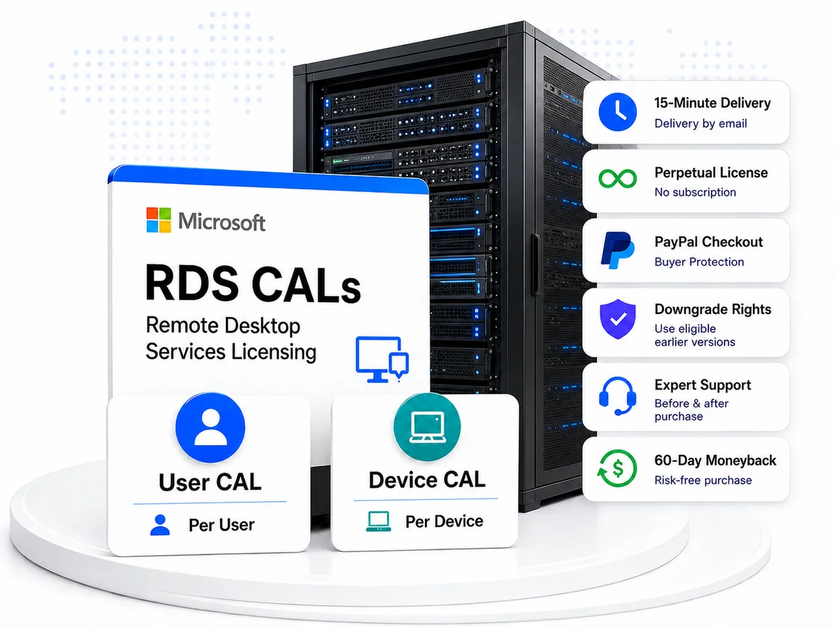 Microsoft RDS CALs for Windows Server licensing illustration showing User CALs, Device CALs, delivery, PayPal checkout, downgrade rights, and support