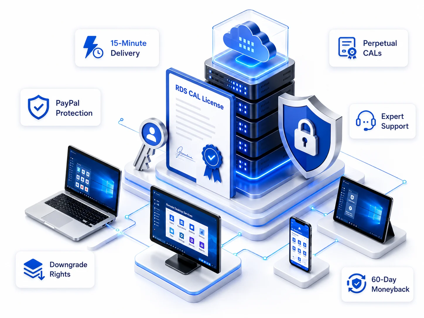 Microsoft RDS CALs for Windows Server licensing illustration showing User CALs, Device CALs, delivery, PayPal checkout, downgrade rights, and support